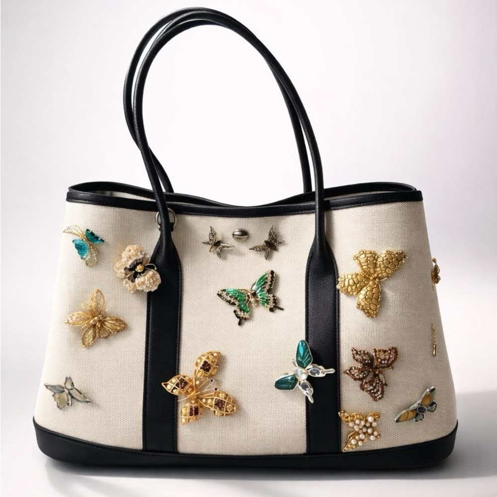 Custom Canvas & Leather Butterfly Tote, w/14 vintage brooches, strap, pouch - Picture 3 of 16